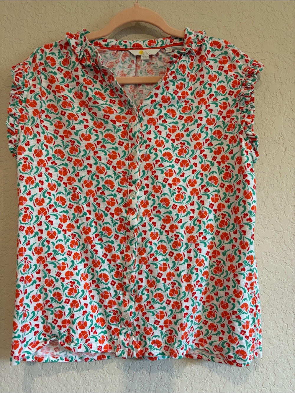 Boden White Blouse with Red & Green Floral Print